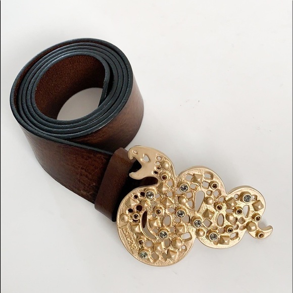 Just Cavalli Brown Leather Gold Buckle Snake Belt - Picture 2 of 14
